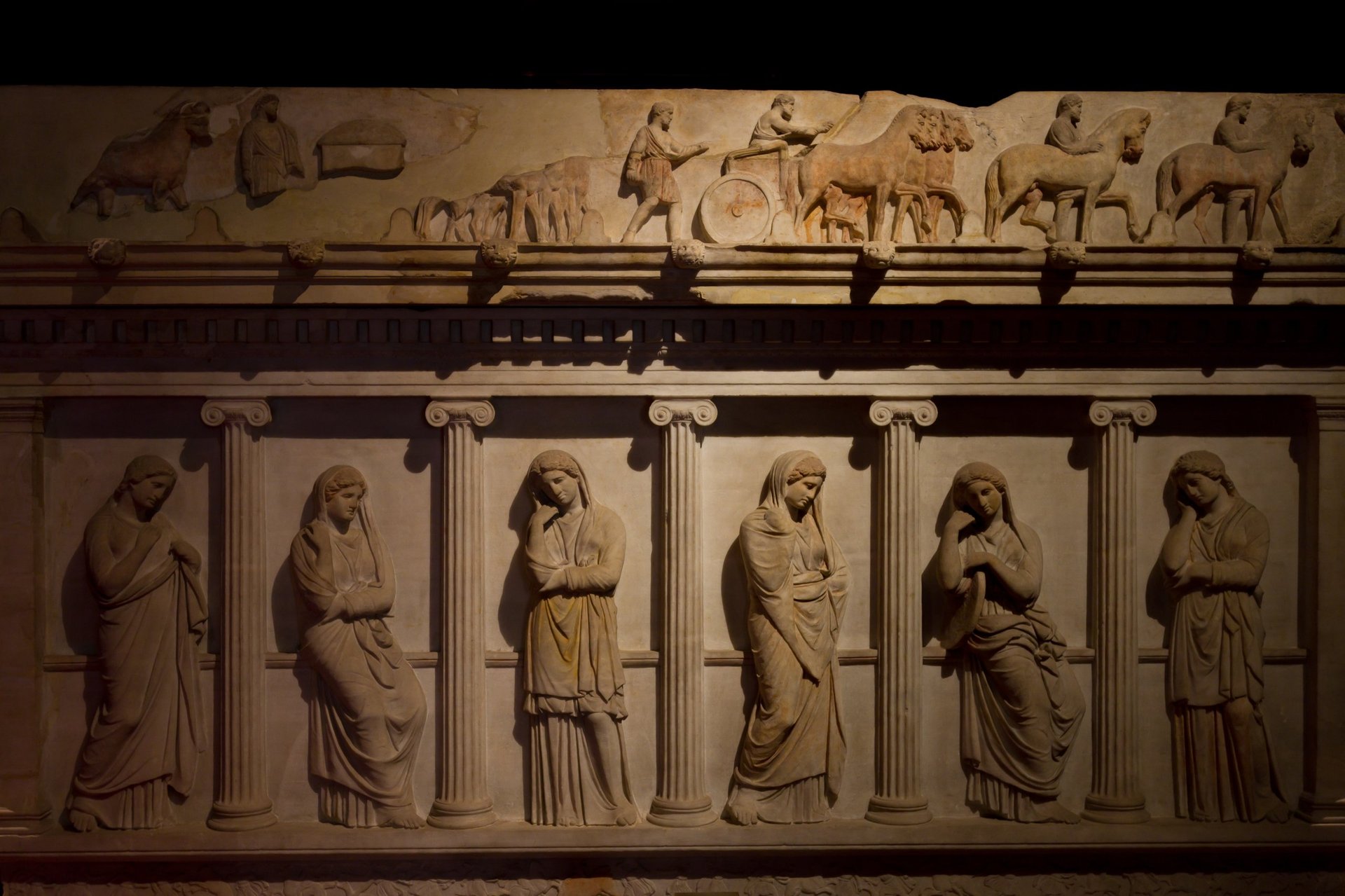 Ancient Greek archaeological artifacts and sarcophagus