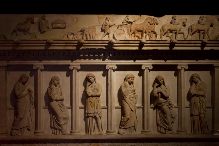 Ancient Greek archaeological artifacts and sarcophagus