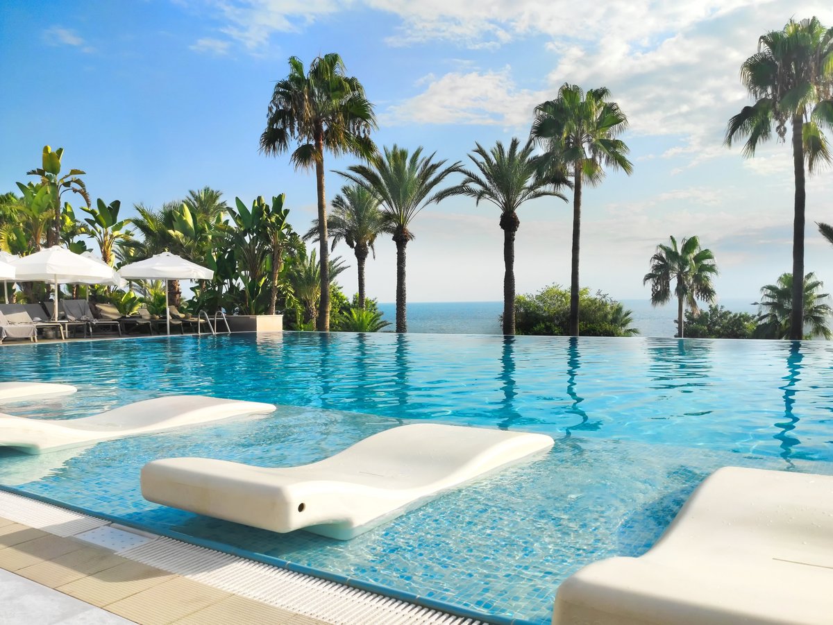 Stunning resort pool, surrounded by loungers, palms, and ocean views