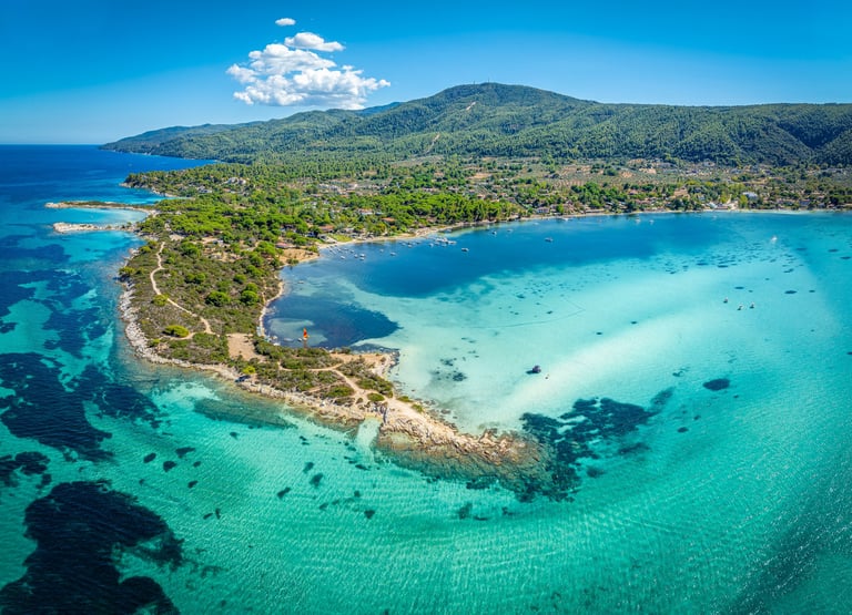 Aerial view of Vourvourou in Halkidiki, Sithonia peninsula, Greece