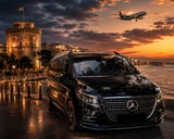 Black Mercedes luxury van parked by illuminated tower at sunset with airplane flying overhead