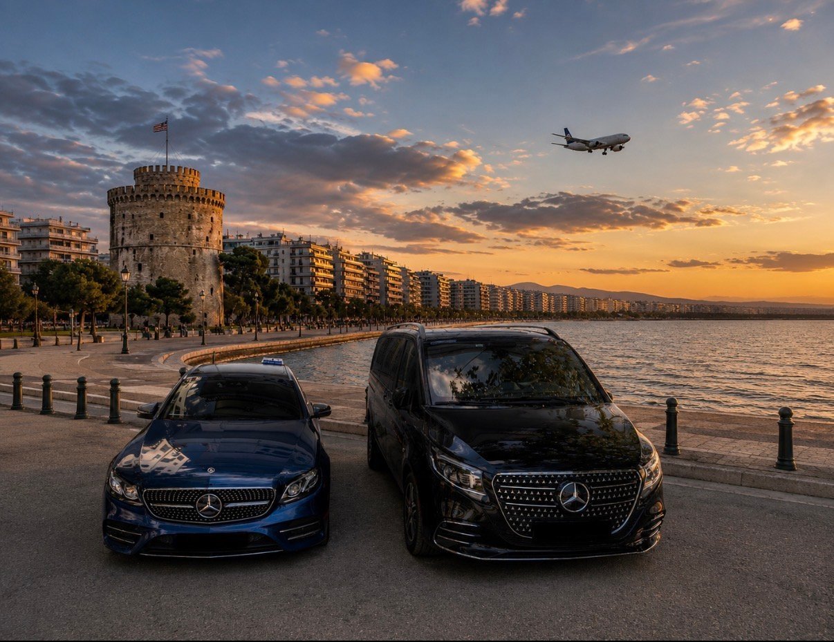 Two Mercedes-Benz luxury vehicles parked by a waterfront during sunset, with a historic tower and airplane in the background